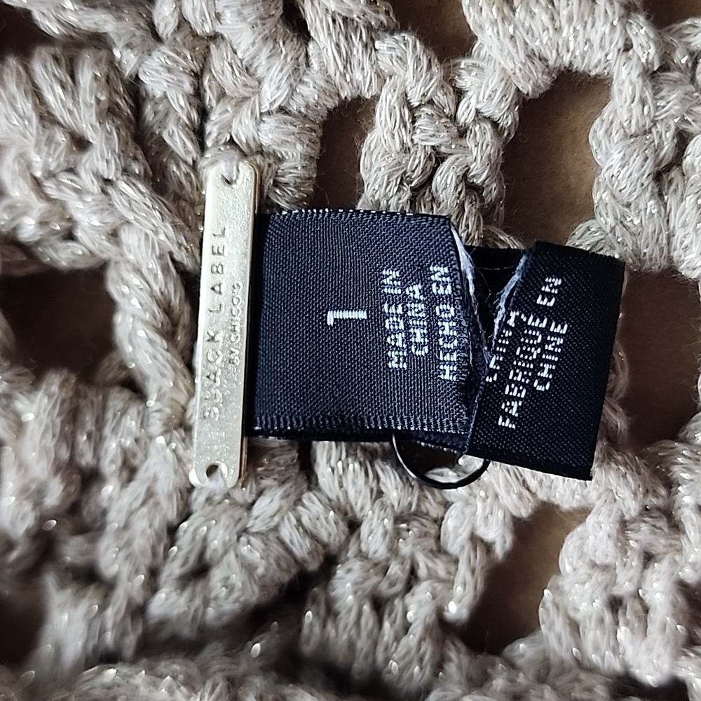 Chico's black label taupe open front crochet sweater gold metallic-1 - Picture 5 of 8